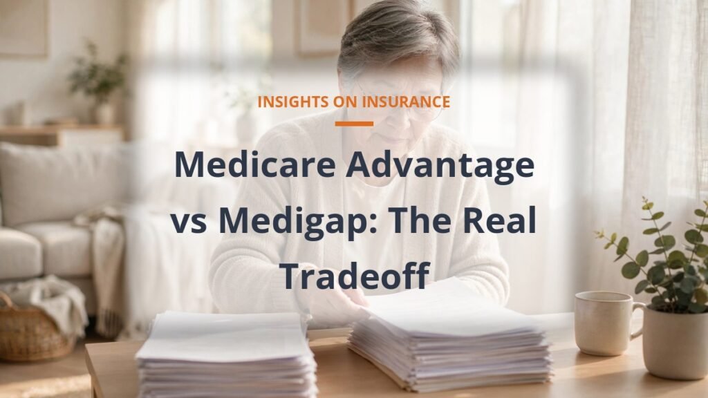 Older adult comparing Medicare Advantage and Medigap documents in a sunlit living room
