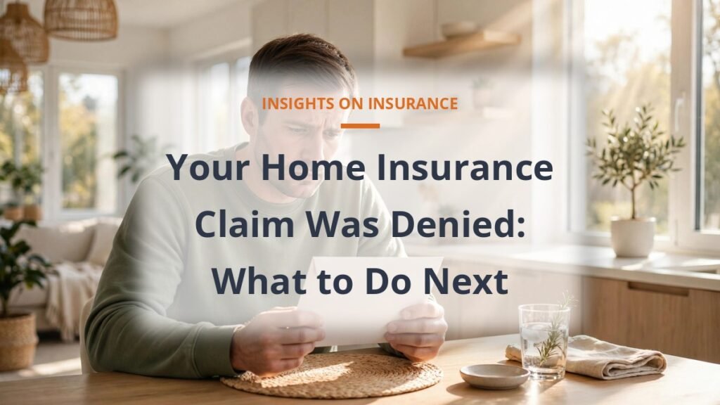 Home insurance claim denied - homeowner reviewing denial letter at kitchen table