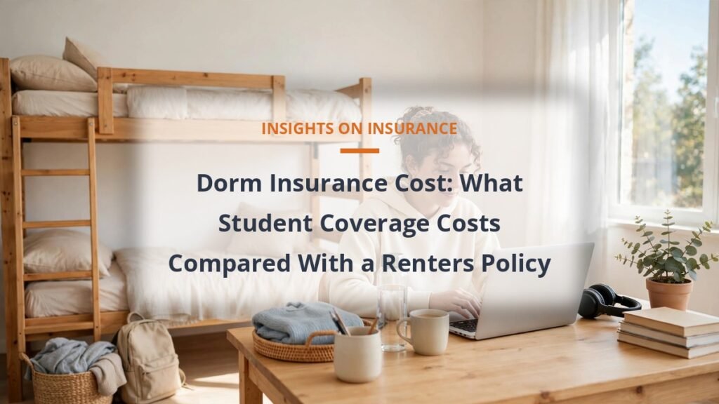 College student in a bright dorm room with laptop, dorm insurance cost guide