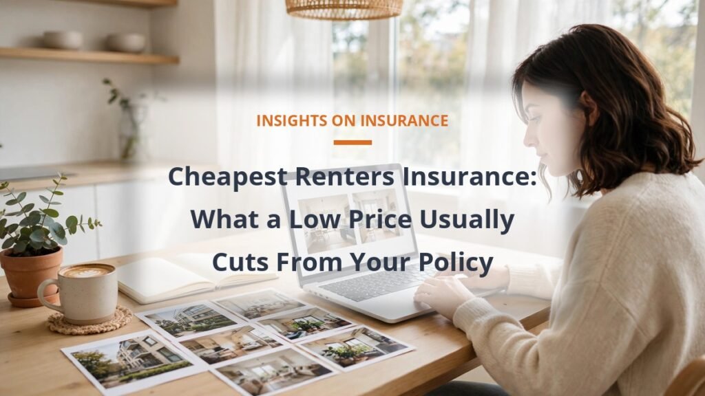 Renter comparing renters insurance quotes on a laptop at home, cheapest renters insurance tradeoffs