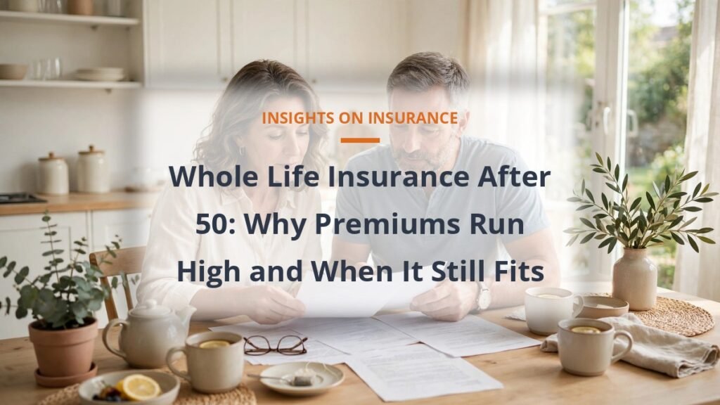 Couple in their fifties reviewing paperwork at a bright kitchen table, whole life insurance after 50 premiums guide