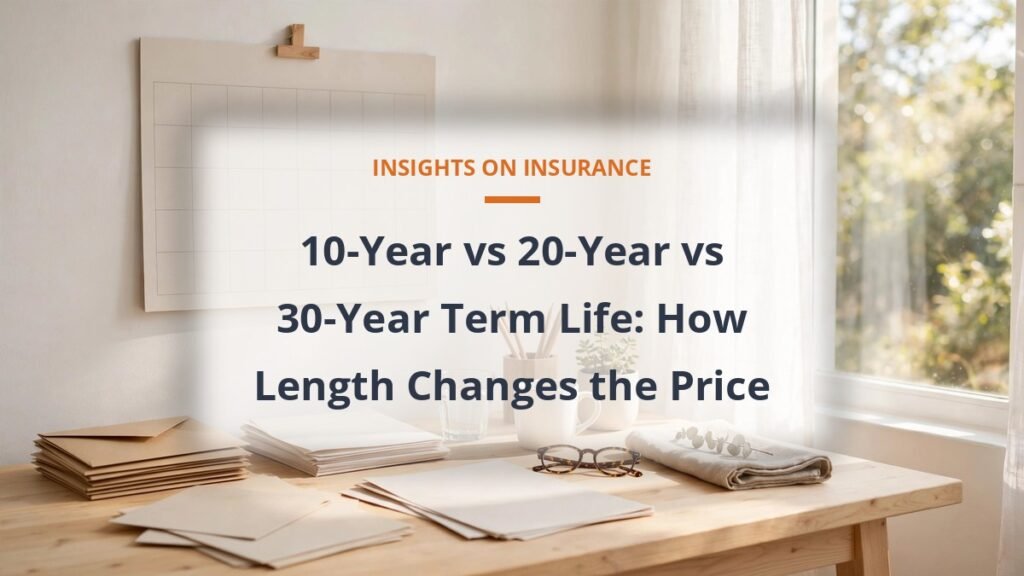 Calendar and family paperwork on a bright desk, comparing 10 20 and 30 year term life insurance cost
