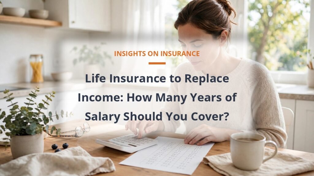 Parent doing household budget sums at a bright kitchen table, life insurance income replacement guide