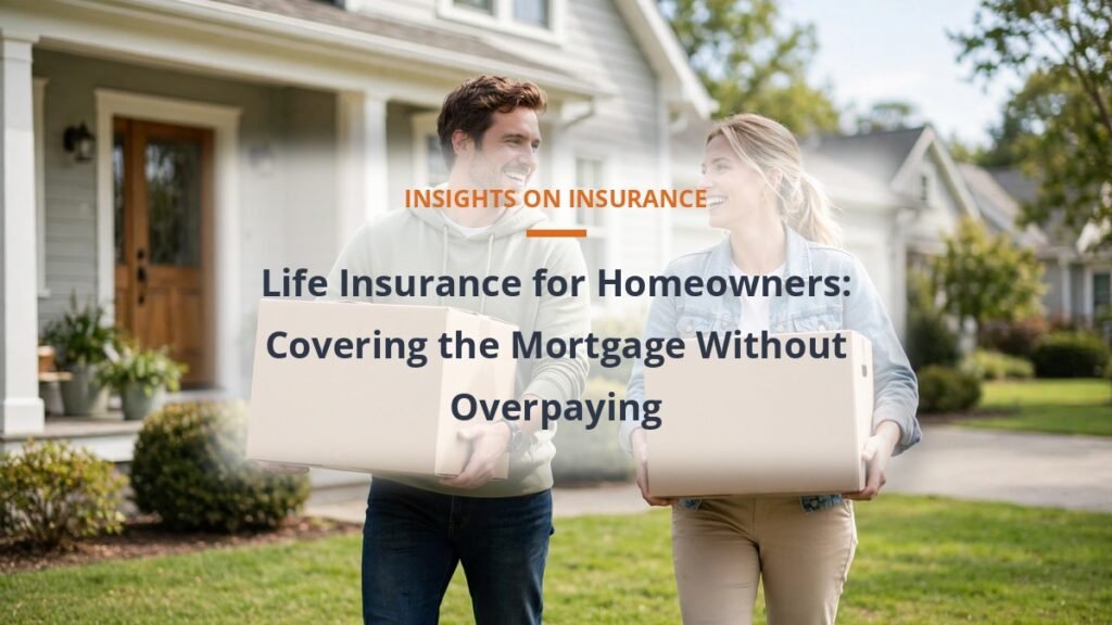 Couple outside their home holding moving boxes in bright daylight, life insurance for homeowners mortgage guide