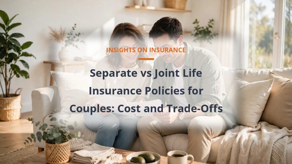 Couple reviewing two policy documents together in a bright living room, joint vs separate life insurance cost guide