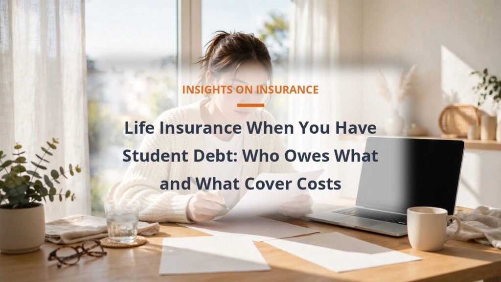 Young graduate with loan paperwork in a bright apartment, life insurance cost with student debt guide