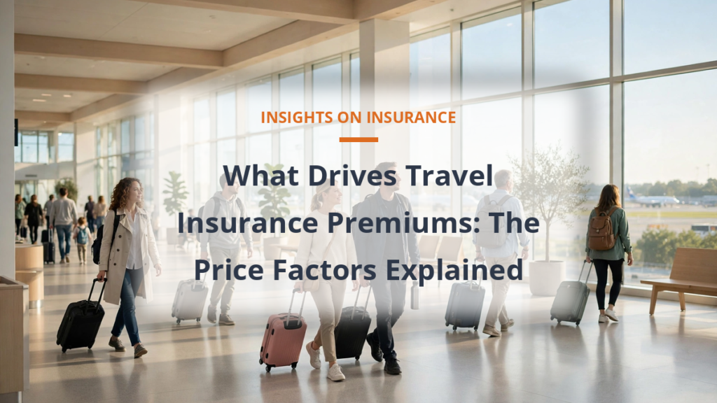 Travel insurance cost factors - travelers with luggage in a bright airport terminal