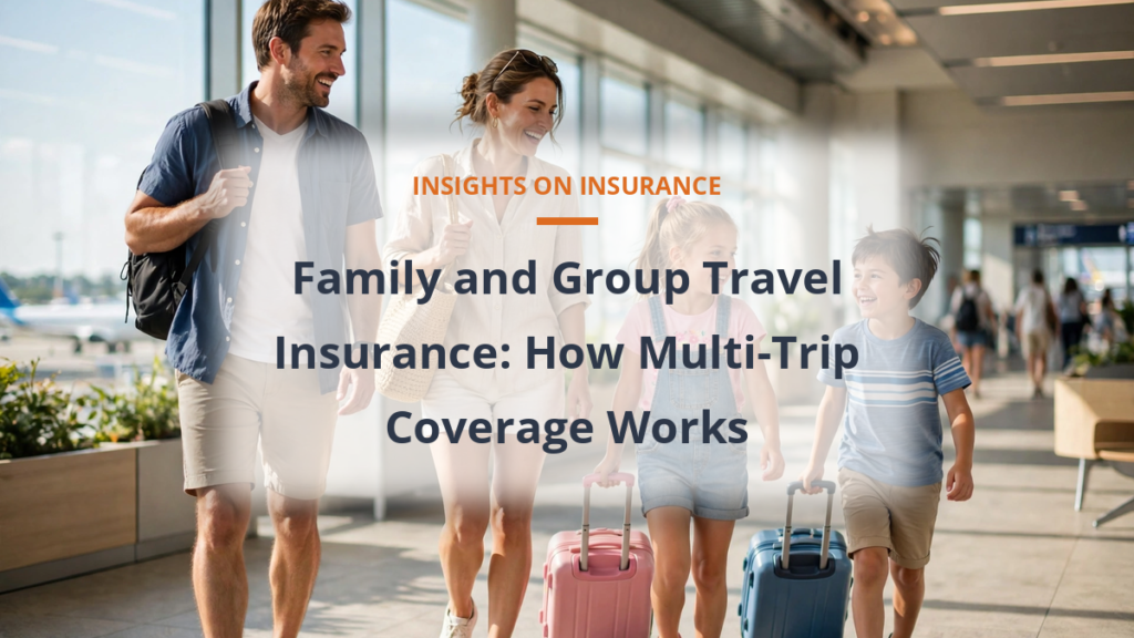 Family travel insurance - family with children pulling suitcases through an airport