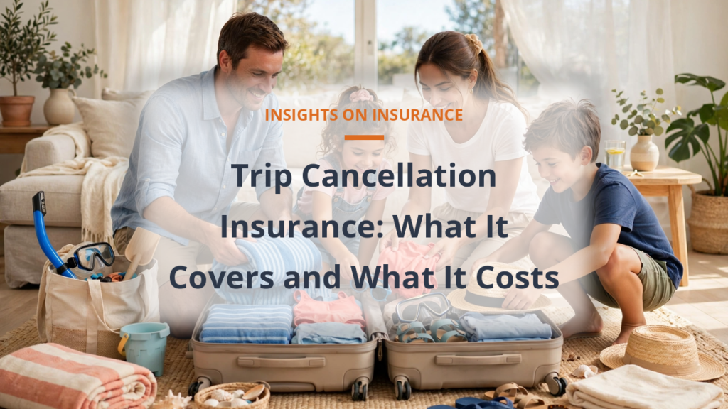Trip cancellation insurance - family packing a suitcase in a sunny living room