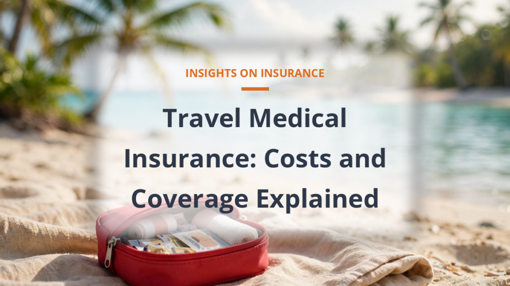 Travel medical insurance - tropical beach with travel first aid kit