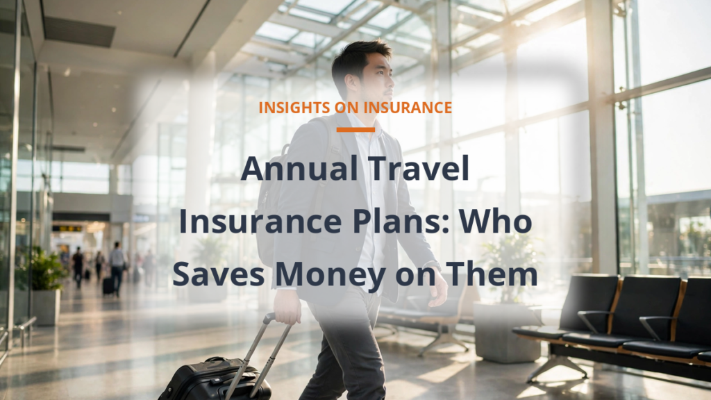 Annual travel insurance plans - business traveler with suitcase in sunlit airport
