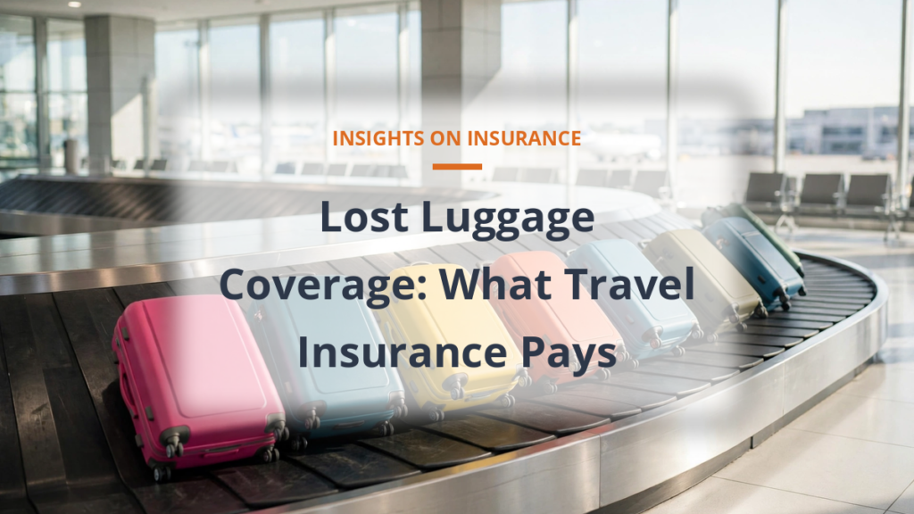 Lost luggage travel insurance coverage - suitcases on an airport baggage carousel