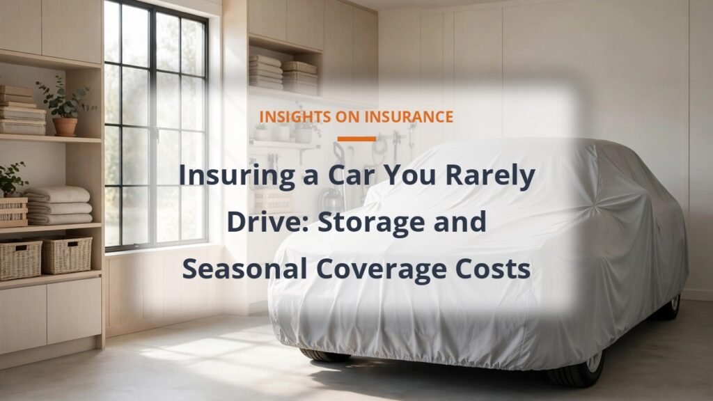Car stored under a cover in a bright garage, stored car insurance cost and seasonal coverage