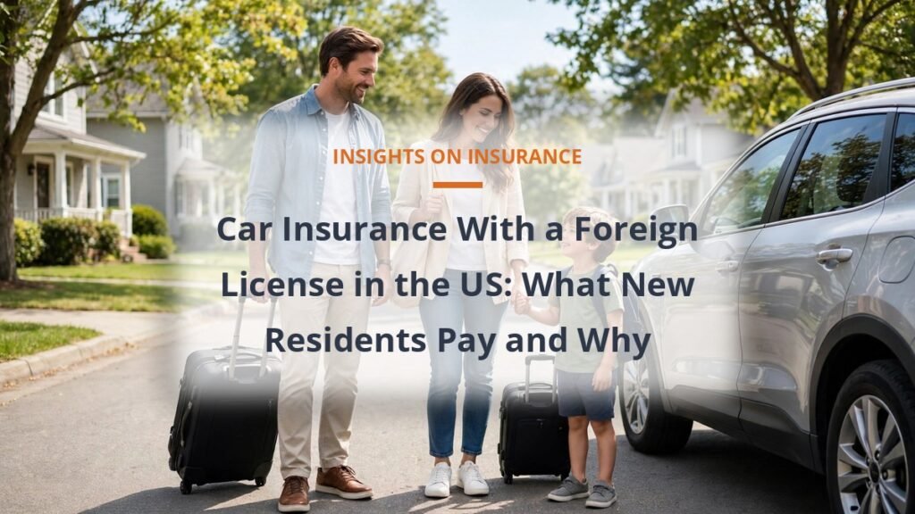 New resident family with suitcases beside a car in a US suburb, car insurance with a foreign license cost